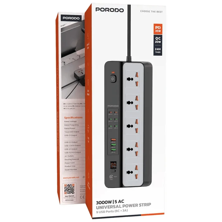 Porodo 3000W Power Strip 5AC Universal With 9 USB Ports Black