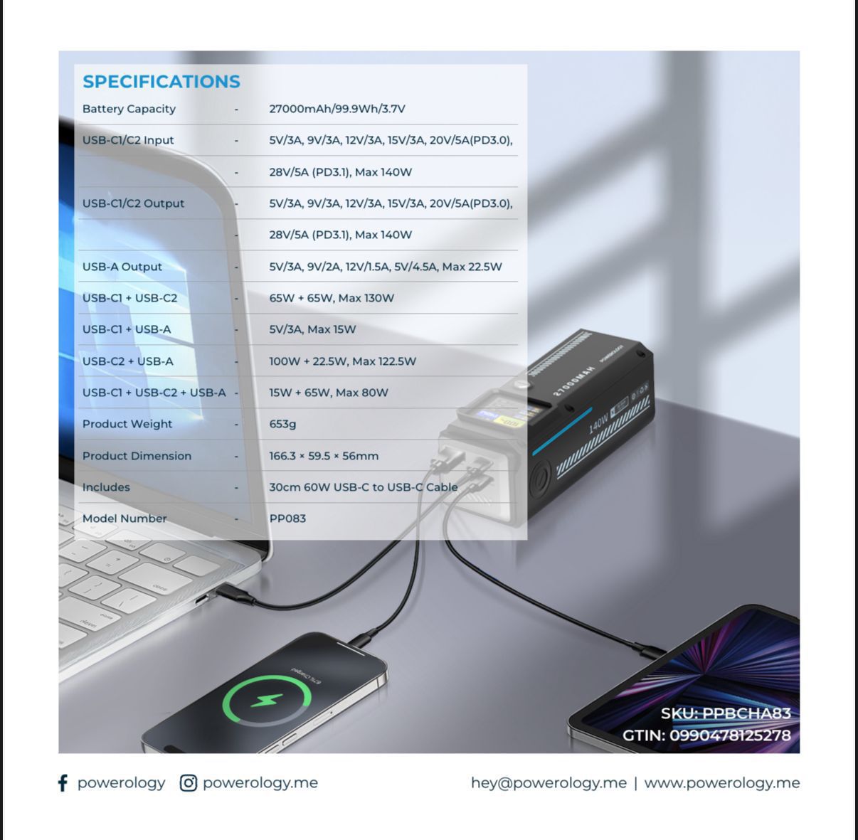 Powerology PP083 27000mAh Smart Display Power Bank (PD 140W)