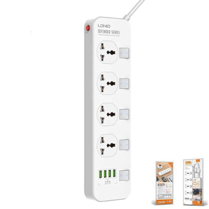 وصلة طاقة Ldnio 2500 واط مع 4 منافذ USB-A و4 مقابس طاقة SC4408