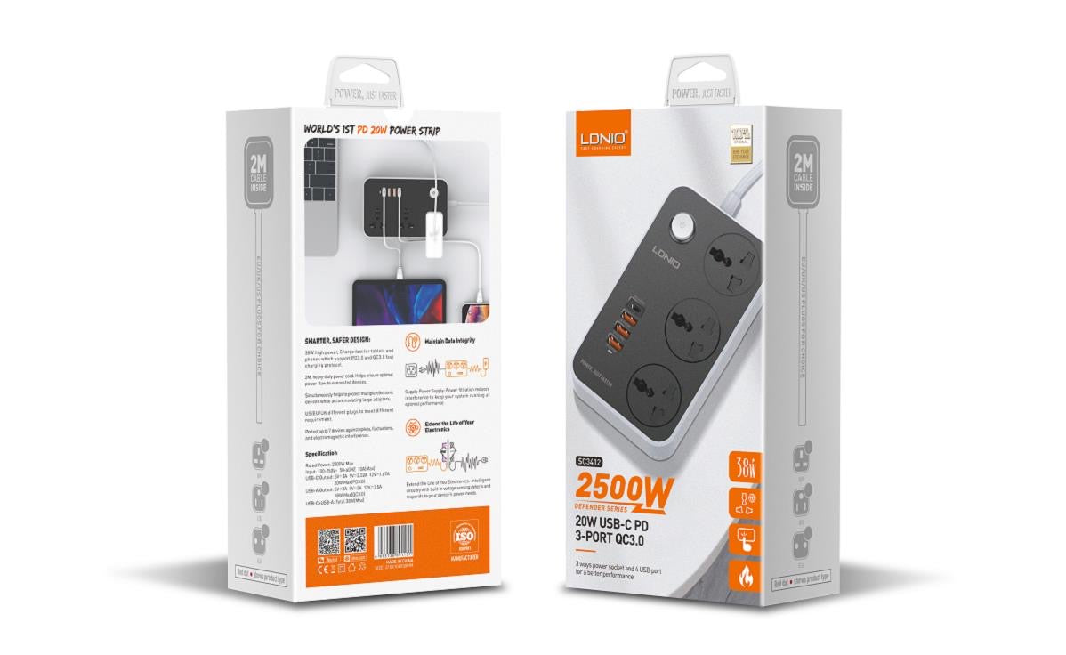 LDNIO SC3412 Power Strip 2500W with 20W USB-C PD & QC3.0