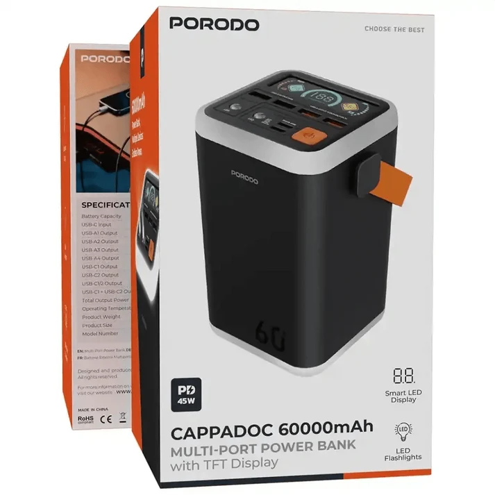 60,000mAh Power Bank Porodo Cappadoc Multi-Port TFT Display - Black
