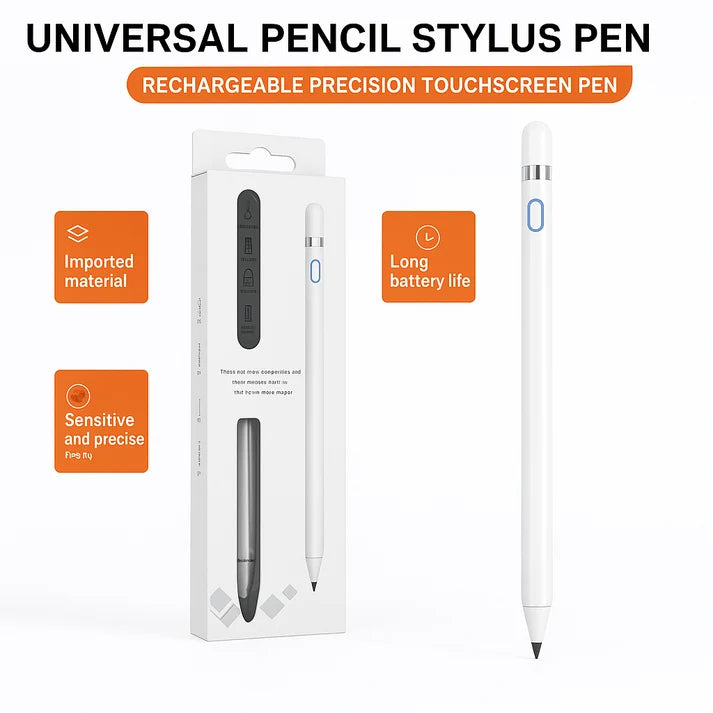 Universal Pencil Stylus Pen – Rechargeable Precision Touchscreen Pen for iPad, Samsung & All Devices (Black/White)