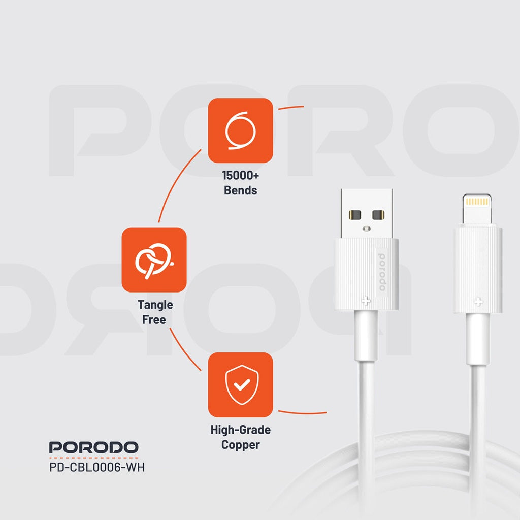 Porodo USB-A to Lightning Durable Charging Cable – White