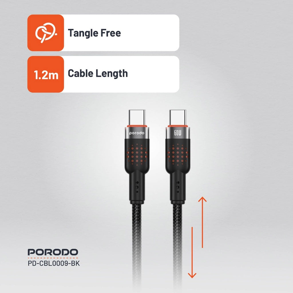 Porodo USB-C to USB-C Aluminum Braided Cable – Black