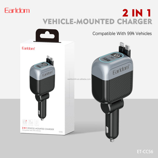Earldom ET-CC56 Multi-Port Car Charger with Built-in Cable