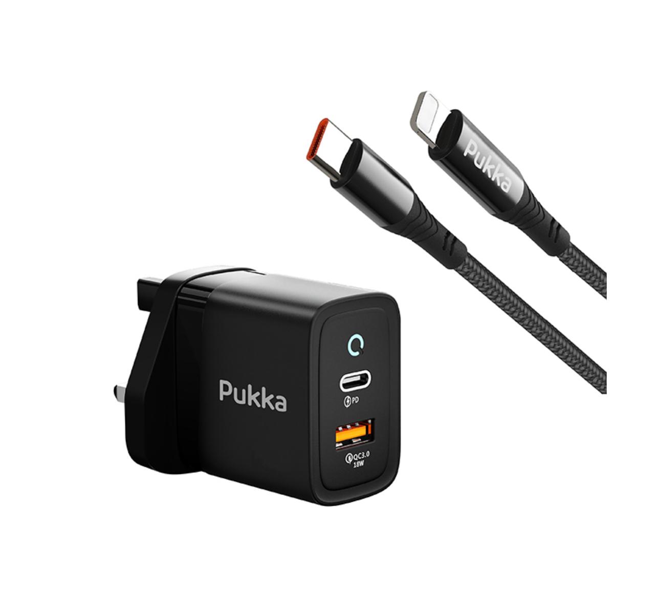PUKKA 20W WALL CHARGER BLACK WITH USB-C TO LIGHTNING