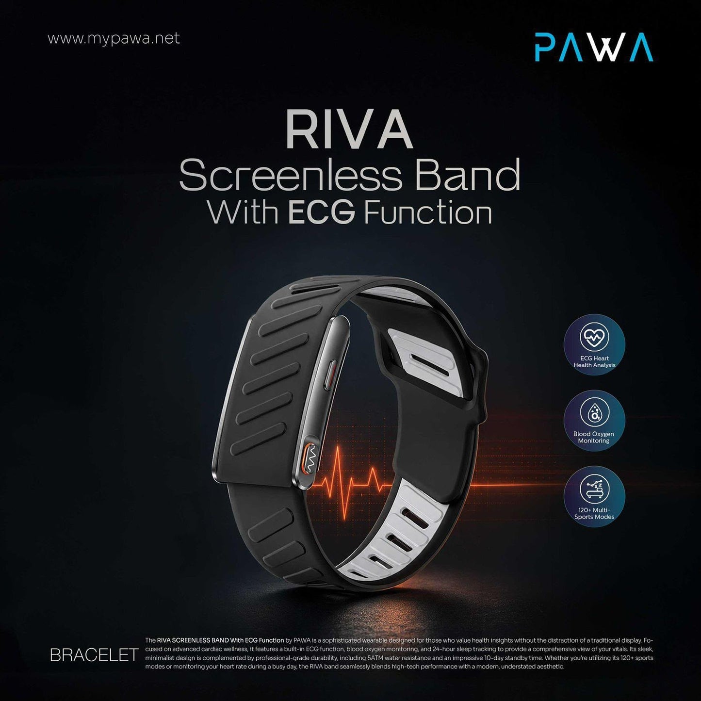 Pawa Riva Screenless Smart Band with ECG & 24/7 Health Monitoring