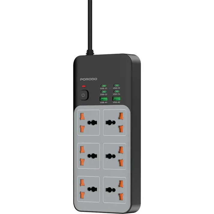 Porodo 3000W 6AC Universal Power Strip with 6 USB Ports (4C + 2A) | Gray
