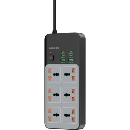Porodo 3000W 6AC Universal Power Strip with 6 USB Ports (4C + 2A) | Gray