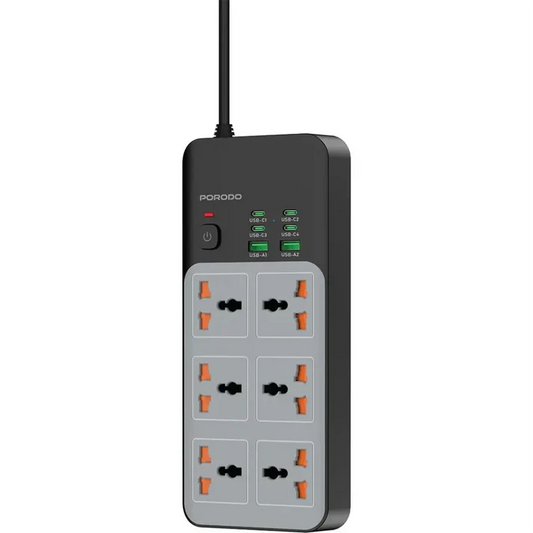 Porodo 3000W 6AC Universal Power Strip with 6 USB Ports (4C + 2A) | Gray