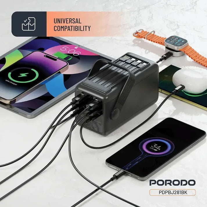 50,000mAh Power Bank Porodo Lara with Integrated Cables & Flashlight - Black