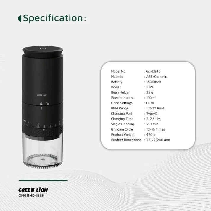 Green Lion Grind Pro Coffee Grinder — Rechargeable 12500 RPM