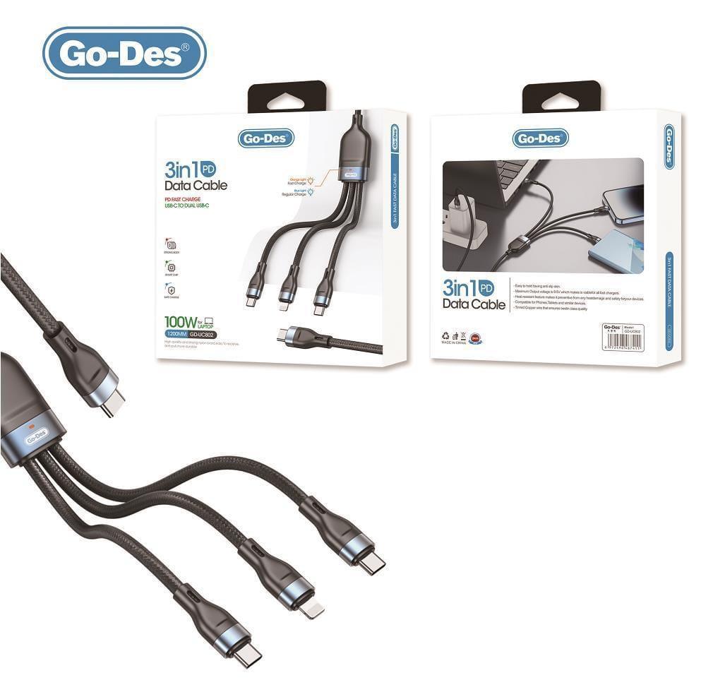 GO-DES 3-IN-1 PD DATA CABLE (USB-C TO C, DUAL, LIGHTNING
