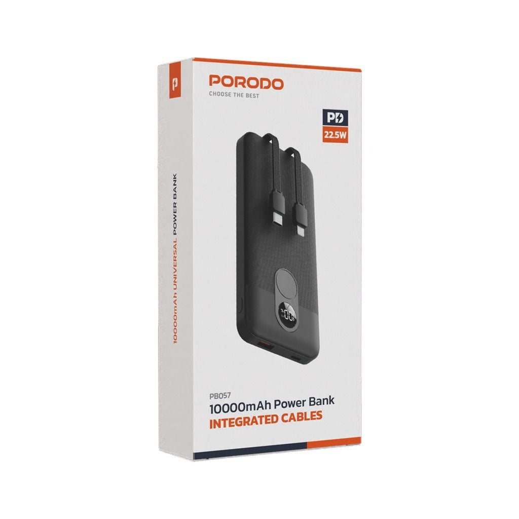 Porodo 10000mAh Power Bank with Digital Display (USB-C & Lightning Cables)