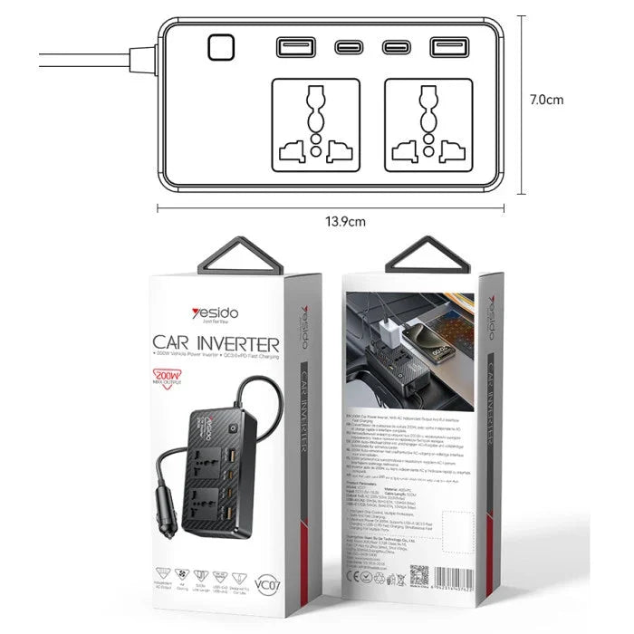 Car Inverter VC07 12V to 200V- USB QC3.0 & TC PD Fast Charging with Multiple Protections
