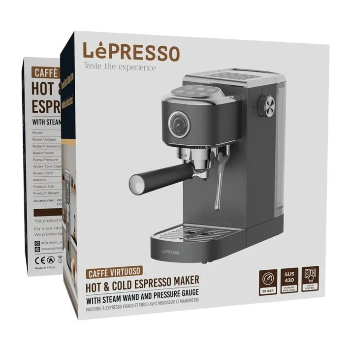 LePresso Caffè Virtuoso Hot & Cold Espresso Maker with Steam Wand & Pressure Gauge – Gray