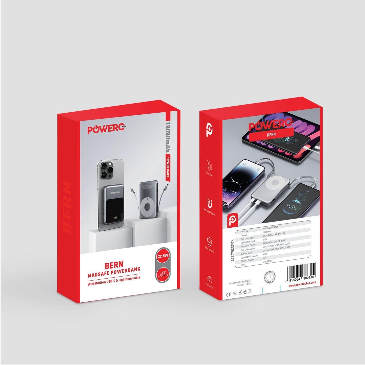 Powero+ Bern MagSafe Power Bank 10000mAh with Built-in Lightning & Type-C Cables