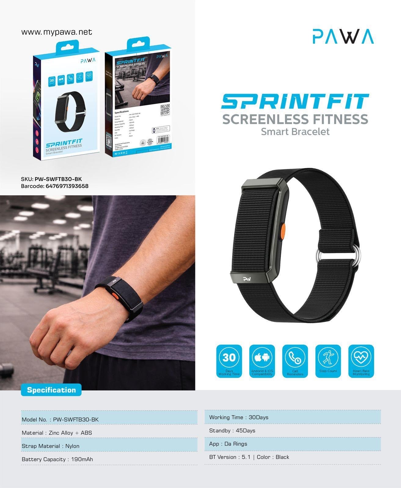 Pawa SprintFit Screenless Fitness Smart Bracelet