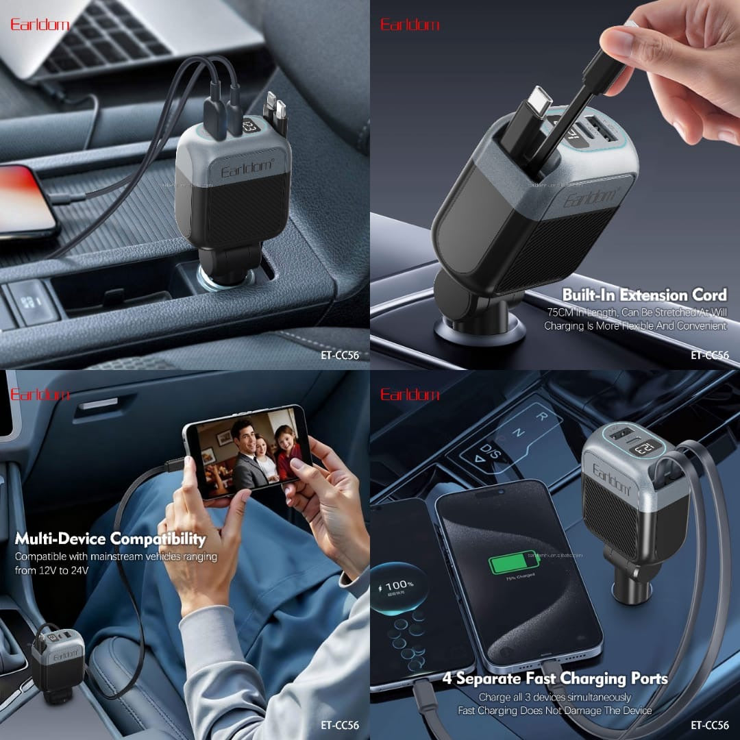 Earldom ET-CC56 Multi-Port Car Charger with Built-in Cable