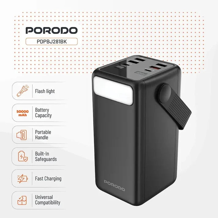 50,000mAh Power Bank Porodo Lara with Integrated Cables & Flashlight - Black