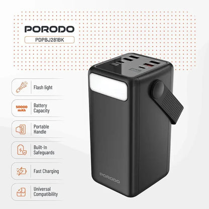 50,000mAh Power Bank Porodo Lara with Integrated Cables & Flashlight - Black