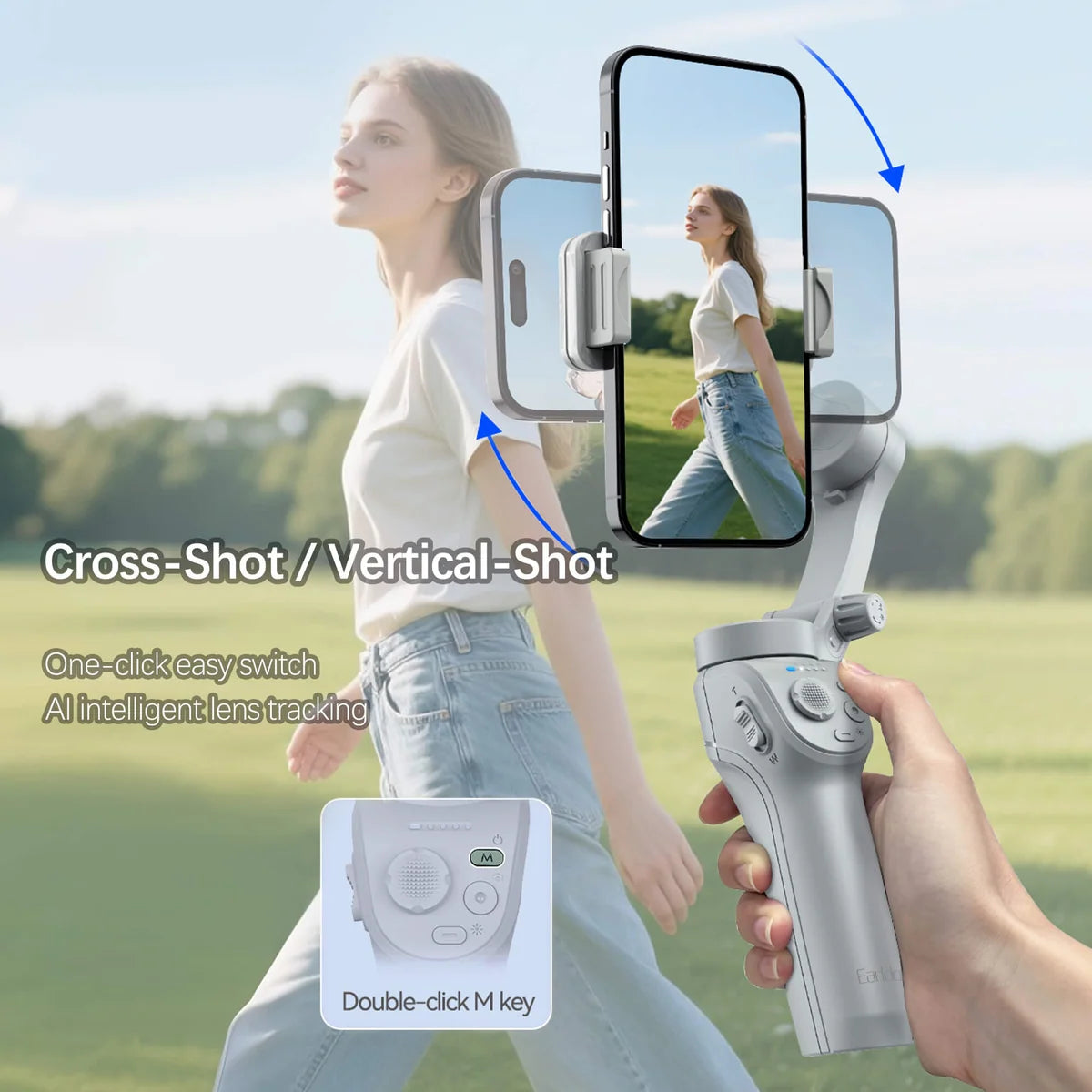 Earldom 3-Axis Phone Gimbal Stabilizer – Fill Light, Built-in Tripod, All-Day Battery, Low-Latency Bluetooth