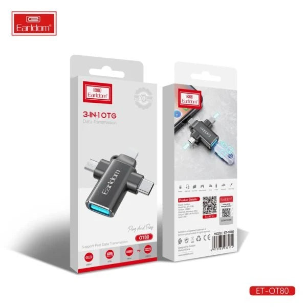 Earldom® 3in1 Converter USB 3.0 OTG to microUSB / Lightning / USB-C- Black OT80