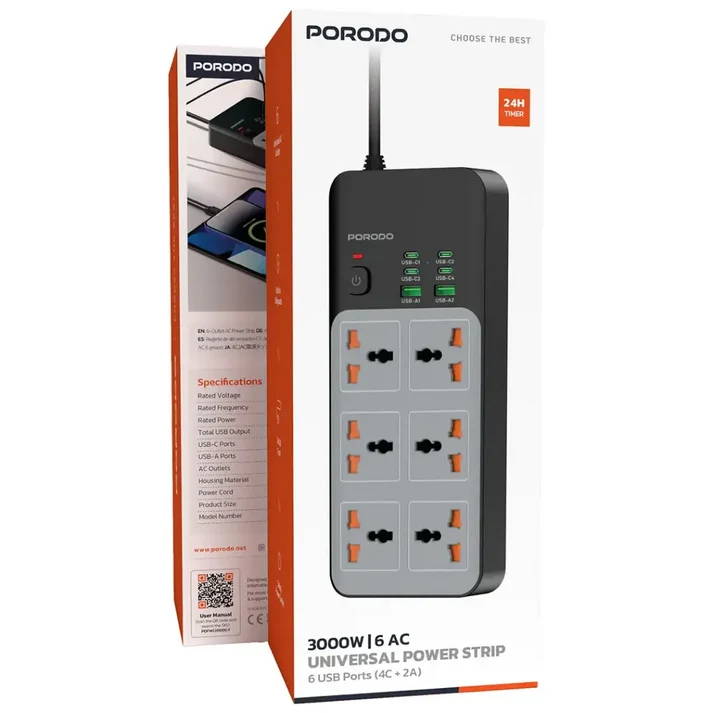 Porodo 3000W 6AC Universal Power Strip with 6 USB Ports (4C + 2A) | Gray