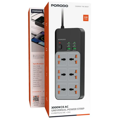 Porodo 3000W 6AC Universal Power Strip with 6 USB Ports (4C + 2A) | Gray