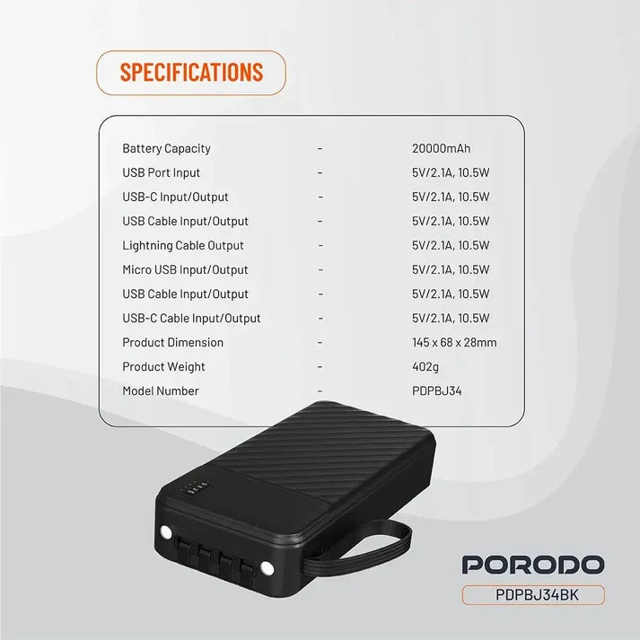 20,000mAh Power Bank Porodo Piano Built-in Cables Fast Charging - Black