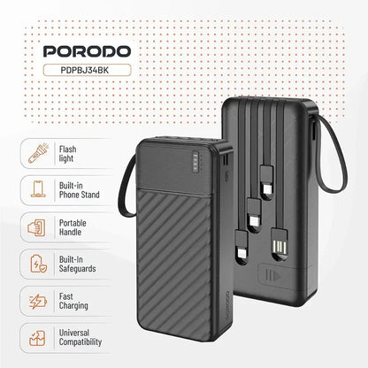 20,000mAh Power Bank Porodo Piano Built-in Cables Fast Charging - Black