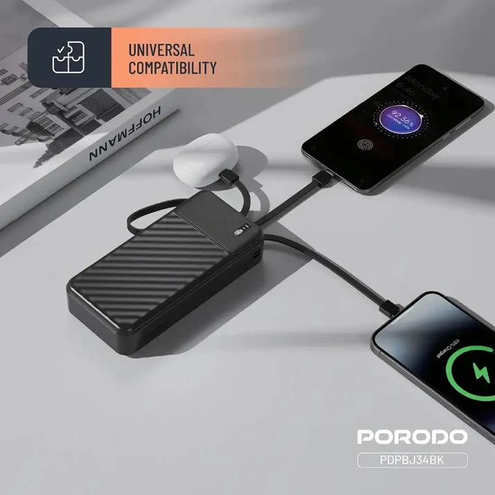 20,000mAh Power Bank Porodo Piano Built-in Cables Fast Charging - Black