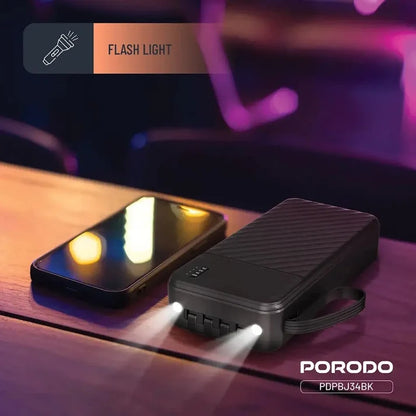 20,000mAh Power Bank Porodo Piano Built-in Cables Fast Charging - Black