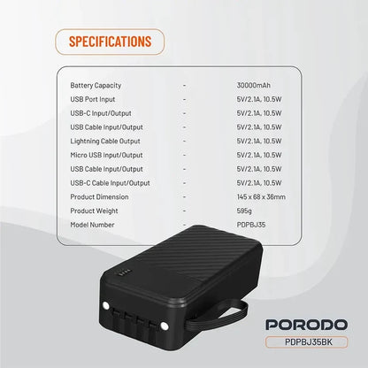 Porodo 30000mAh Piano Power Bank Built-in Cables Fast Charge - Black