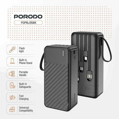 Porodo 30000mAh Piano Power Bank Built-in Cables Fast Charge - Black