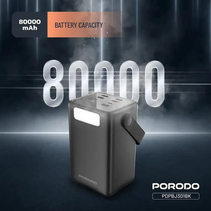 80000mAh Lara Power Bank Built-in Cables Porodo Fast Charge - Black