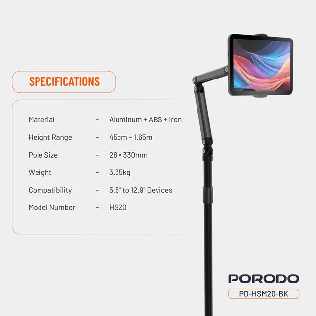 Porodo 360° Rotatable Phone & Tablet Floor Stand 1.65m