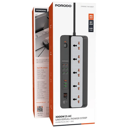 Porodo 3000W Power Strip 5AC Universal With 9 USB Ports Black