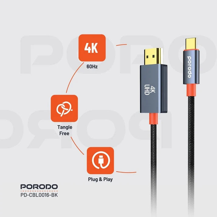 Porodo 2M Woven Cable Type-C to HDMI - Black