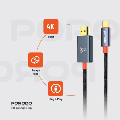 Porodo 2M Woven Cable Type-C to HDMI - Black