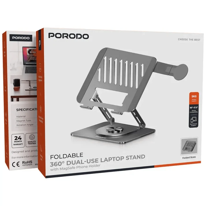 Porodo 360° Foldable Laptop Stand with MagSafe Holder Gray
