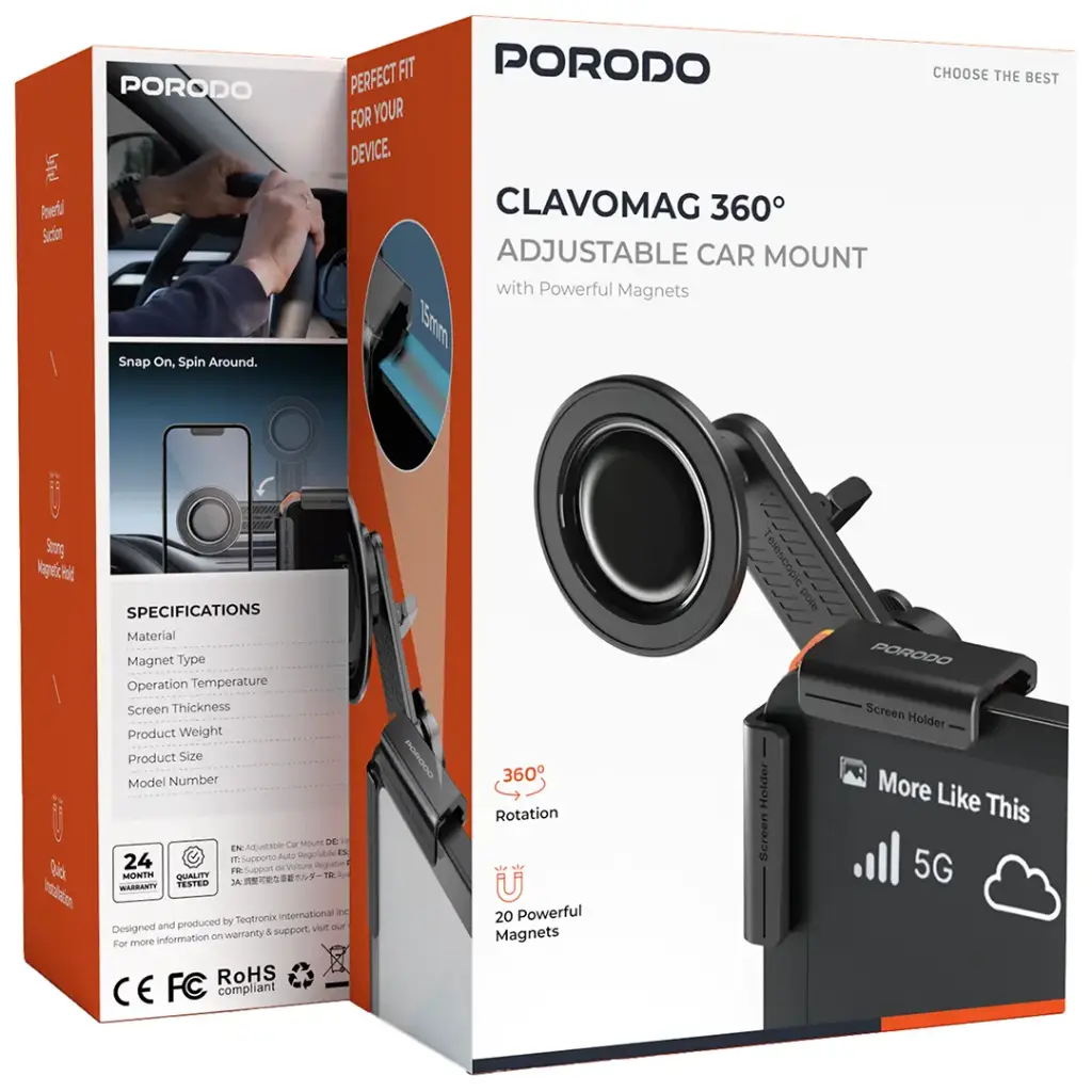 Porodo Clavomag 360° Adjustable Car Mount with Powerful Magnets – Black