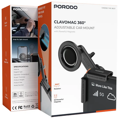 Porodo Clavomag 360° Adjustable Car Mount with Powerful Magnets – Black