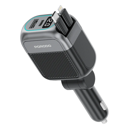 Porodo Spider Multi-Port USB Car Charger with USB-C to USB-C & Lightning Cable – Black