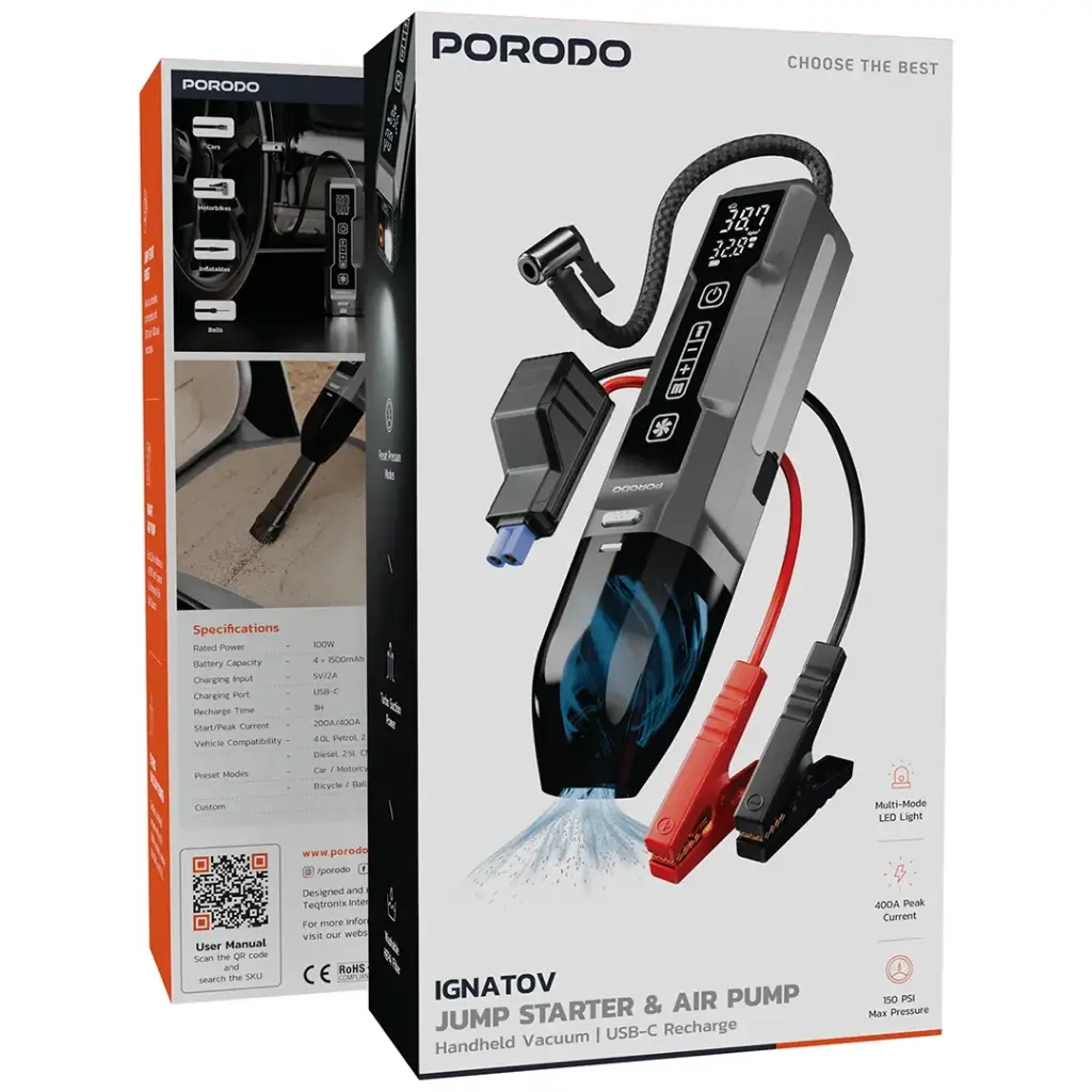 Porodo Ignatov Jump Starter & Air Pump with Handheld Vacuum & USB-C Recharge – Black