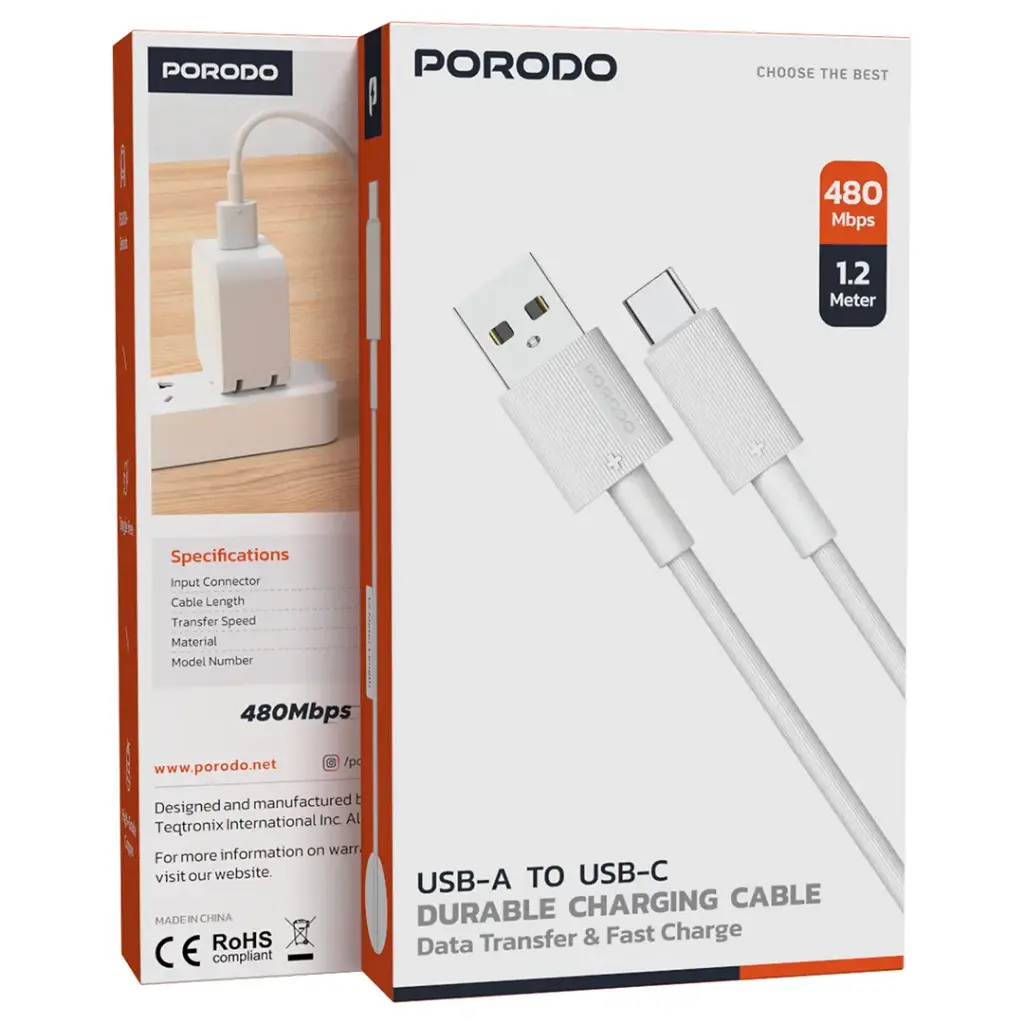 Porodo USB-A to USB-C Durable Charging Cable – White