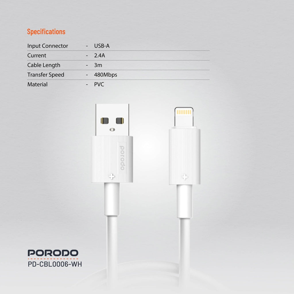 Porodo USB-A to Lightning Durable Charging Cable – White