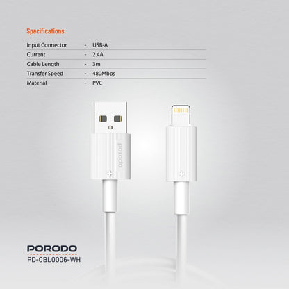 Porodo USB-A to Lightning Durable Charging Cable – White