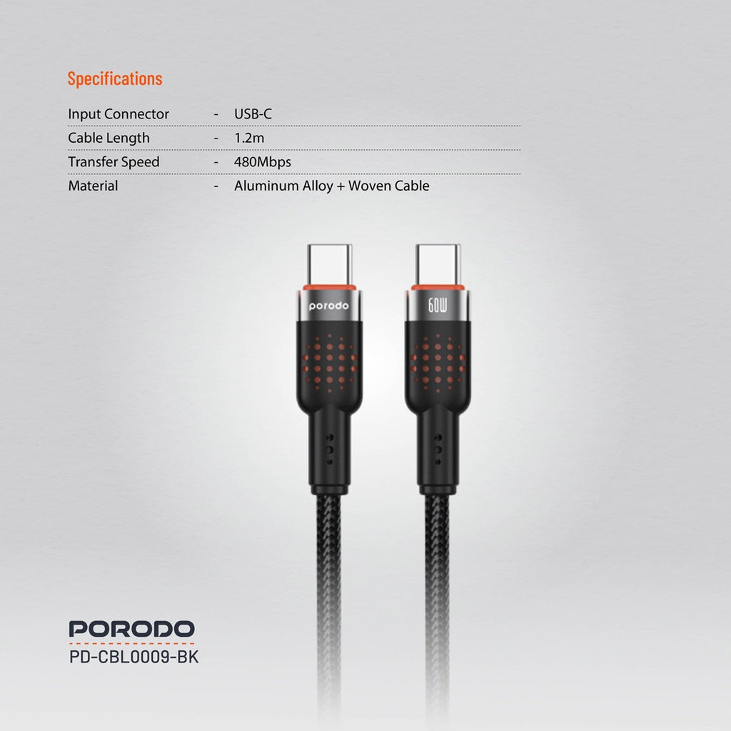 Porodo USB-C to USB-C Aluminum Braided Cable – Black