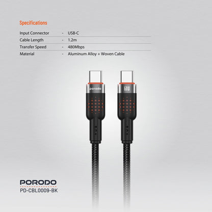 Porodo USB-C to USB-C Aluminum Braided Cable – Black